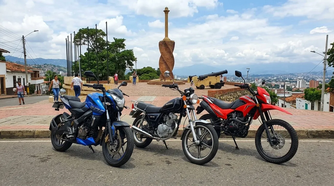 Tres motocicletas parqueadas en un mirador con monumento de ladrillo — GPS invisible 4G en Barranquilla